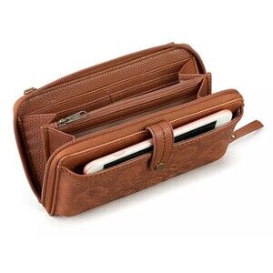 The Sak Iris Leather Crossbody Smartphone Wallet Brown Floral NWT